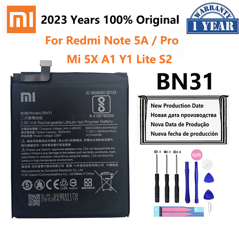 100% بطارية الهاتف الأصلي ل Redmi ملاحظة 5A رئيس S2 بطارية شاومي Mi 5X A1 Mi5X BN31 استبدال Bateria 5A برو Y1 MiA1 S2