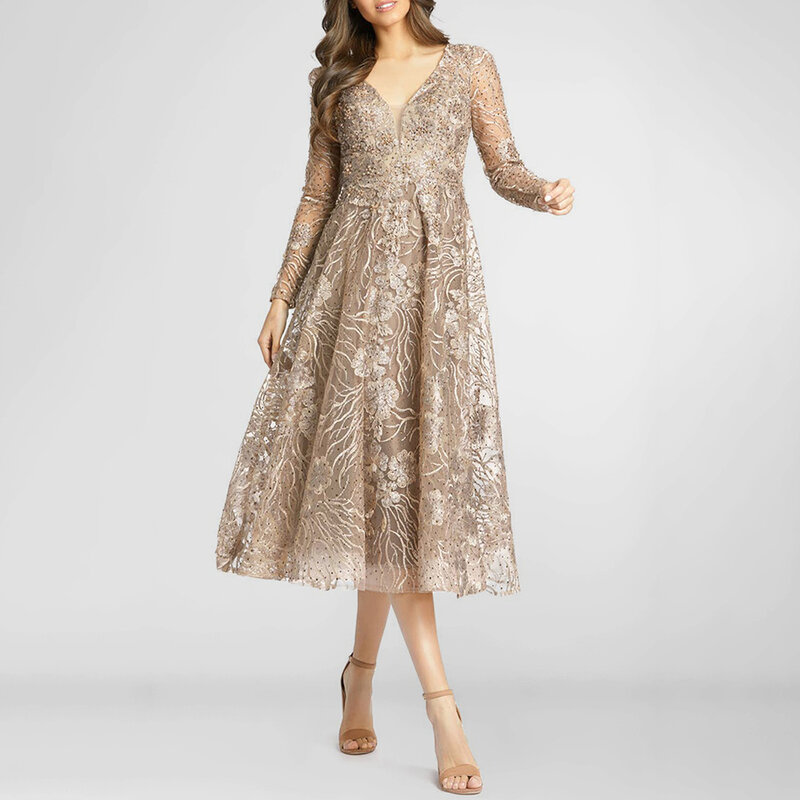 فستان تونك مزهر من الدانتيل ، فستان بطول الشاي ، مقاس كبير ، طبقة مزدوجة ، شامبانيا ، أم العروس