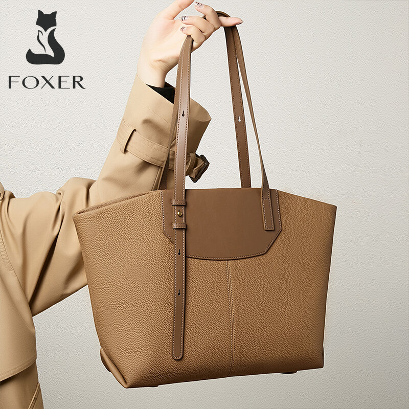 حقيبة يد Foxer من الجلد الطبيعي للنساء ، حقيبة تسوق من جلد البقر للسيدات ، حقائب كتف تحت الإبط ، التنقل ، الحجم الكبير ، العلامة التجارية