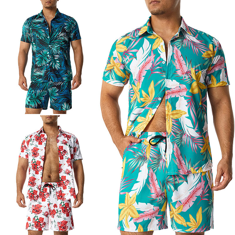 11 ألوان رجالي موضة طباعة مجموعات التلبيب كم قصير القميص عادية شاطئ السراويل مجموعة الصيف عطلة هاواي الدعاوى S-5XL