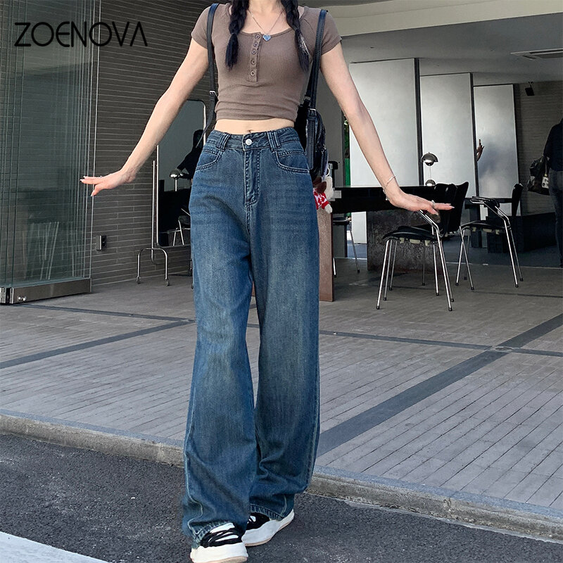 ZOENOVA-جينز عتيق مستقيمة واسع الساق للنساء ، سراويل غير رسمية ، جينز تنظيف الأرضية ، موضة بسيطة ، الربيع والخريف ،