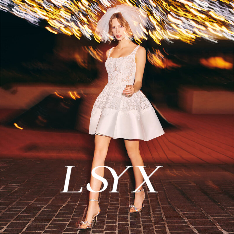 LSYX مربع الرقبة الدانتيل الساتان مصغرة فستان الزفاف للنساء ، على شكل حرف A ، سحاب الظهر ، فوق الركبة ، ثوب الزفاف القصير ، مخصص