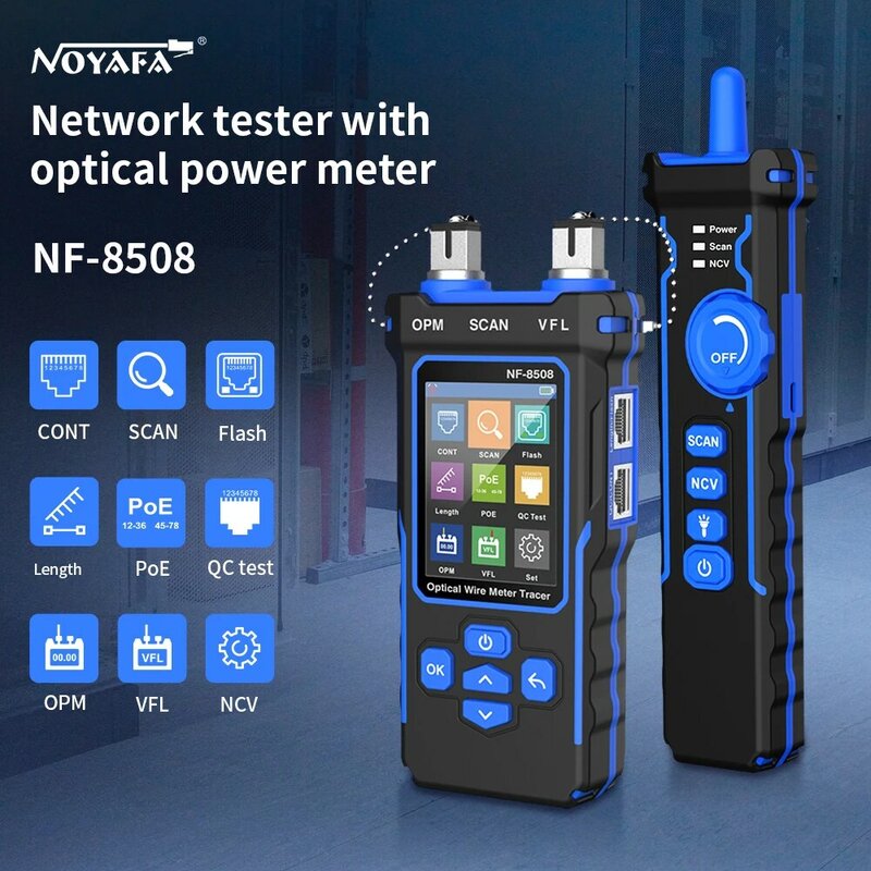 NOYAFA NF-8508 كابل المقتفي شاشة الكريستال السائل شبكة أدوات قياس طول Wiremap تستر PoE مدقق البصرية السلطة متر