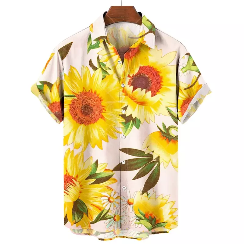 قميص رجالي بأكمام قصيرة بطبعة عباد الشمس من هاواي على الطراز الشاطئي ، قميص كاجوال فضفاض ، حجم كبير ، جديد ، من من من قطعة واحدة
