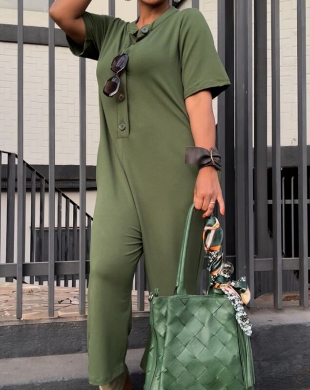المرأة الرجعية لون واحد وزرة قصيرة الأكمام ، والقطن ، والكتان ، تصميم جيب بأزرار ، ملابس عمل واسعة الساق للسيدات ، بذلة