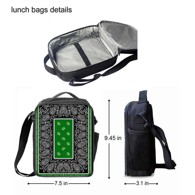 YIKELUO الأسود بيزلي مطبوعة دائم حقيبة الكتف الأخضر الكاجو زهرة مطبوعة طالب حقيبة مدرسية معزول حقيبة الغداء