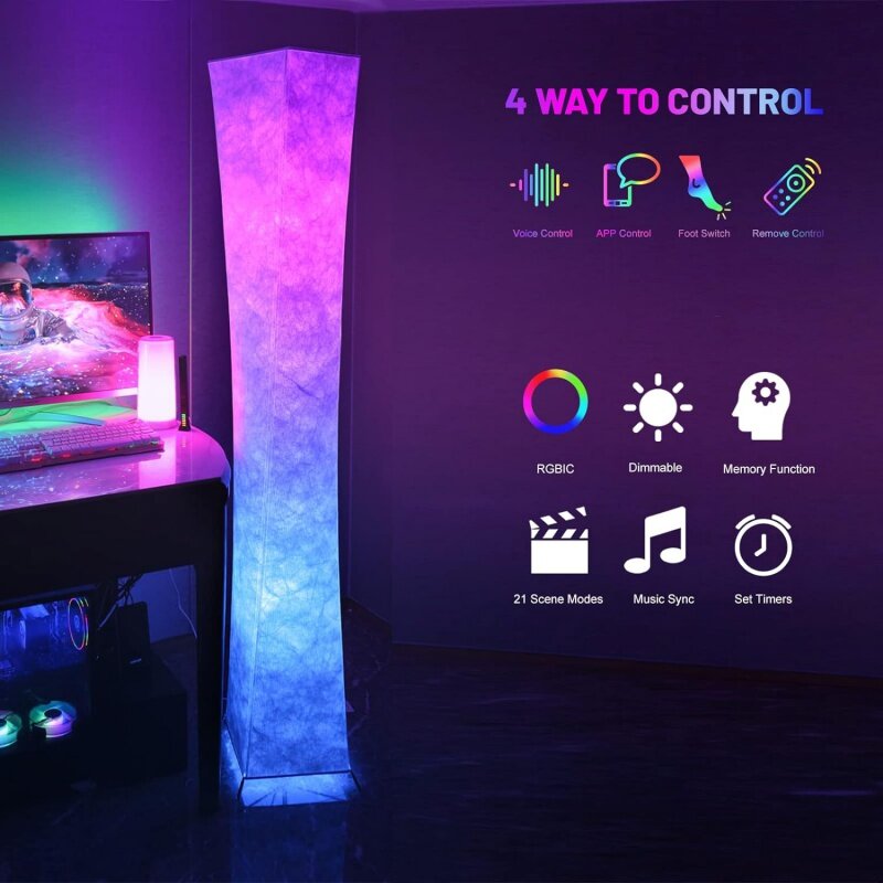 مصباح أرضي ليد متغير اللون من LEONC ، إضاءة ناعمة ، ألوان RGB ، غطاء قماش تايفك ، تحكم ذكي في التطبيق ، متوافق لغرفة الألعاب والتلفزيون ، 65 بوصة
