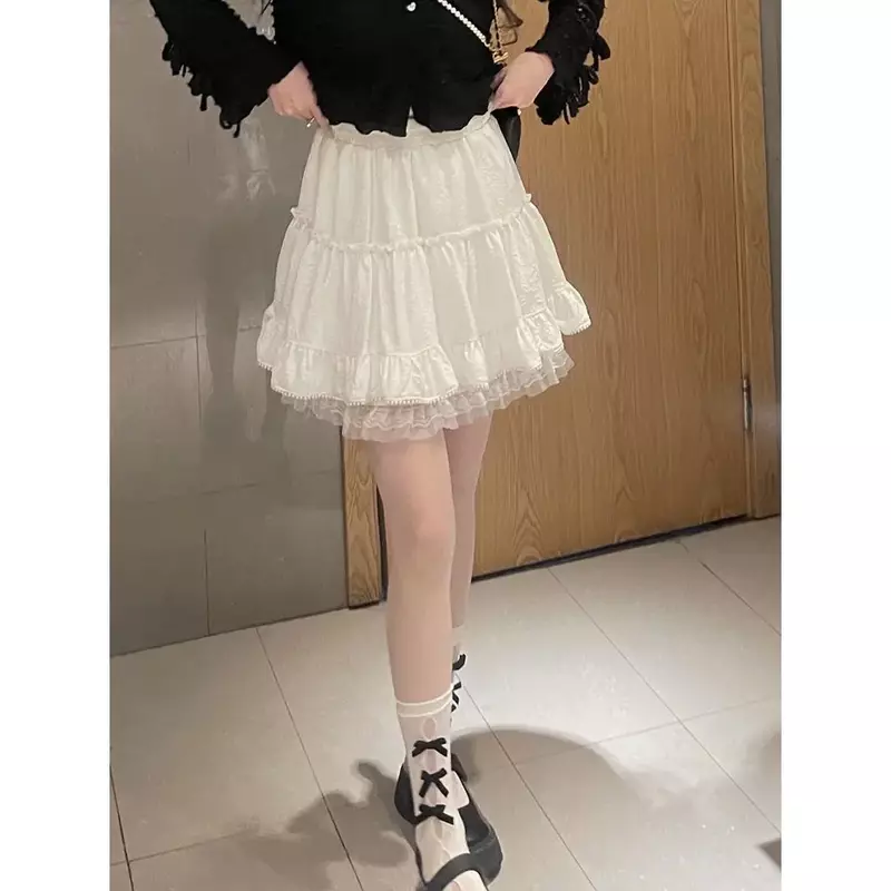 الدانتيل الأبيض تنورة صغيرة للنساء فتاة Kawaii تنورة قصيرة للصيف Fairycore الملابس الكورية موضة لوليتا الملابس الجنية الأساسية