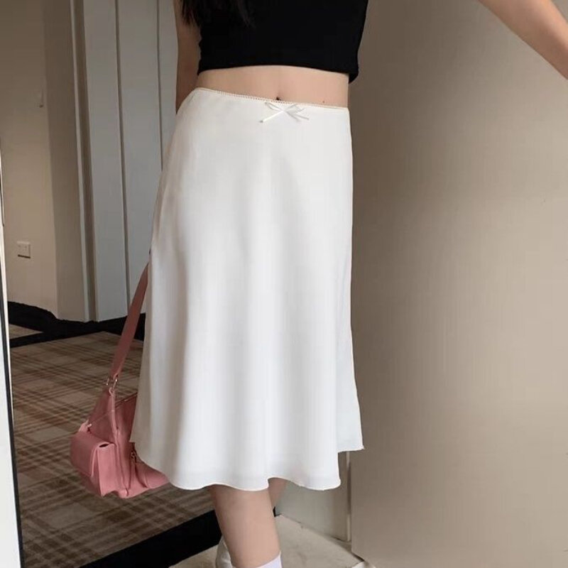 ديبتاون-تنورة حريرية مثيرة على شكل حرف A للنساء ، تنورة بيضاء أنيقة ، تنورات متوسطة الكشكشة ، غطاء صيفي ، طراز كوري غير رسمي ، أساسي