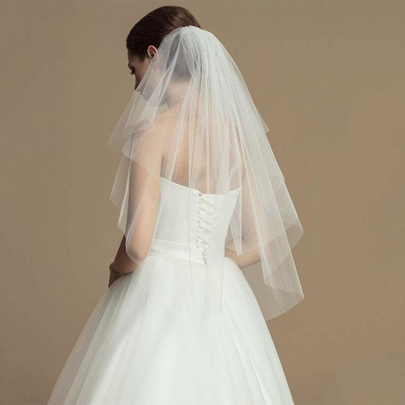 حجاب قصير من التل للزفاف بطرف الإصبع مع مشط وحافة مقطوعة ، حجاب زفاف أبيض ، مستويين