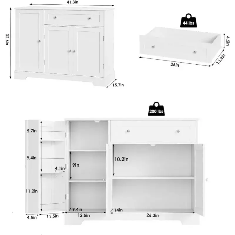 خزانة بوفيه مع درج ورف قابل للتعديل ، تخزين للمطبخ ، بار قهوة خشبي ، أبيض