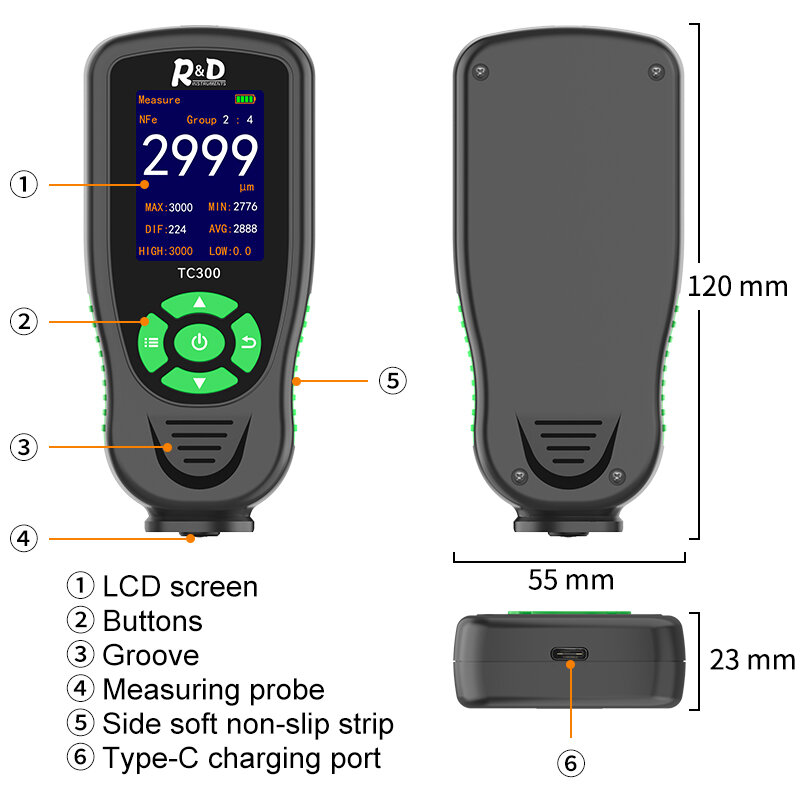 R & D-TC300 قياس سمك الطلاء للسيارة ، أداة عداد رقمية ، قياس سمك الطلاء السيارات ، الكشف التلقائي ، F ، NF