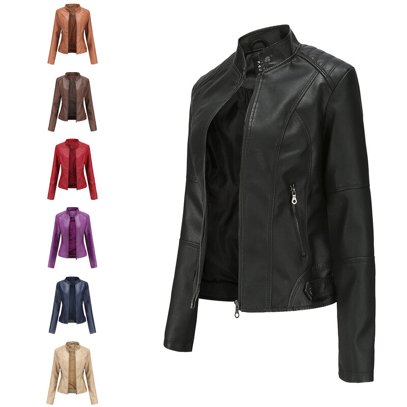 جاكيت جلد أسود PU للنساء ، معطف لسائقي الدراجات النارية ، ياقة واقفة ، ربيع ، خريف ، 2022