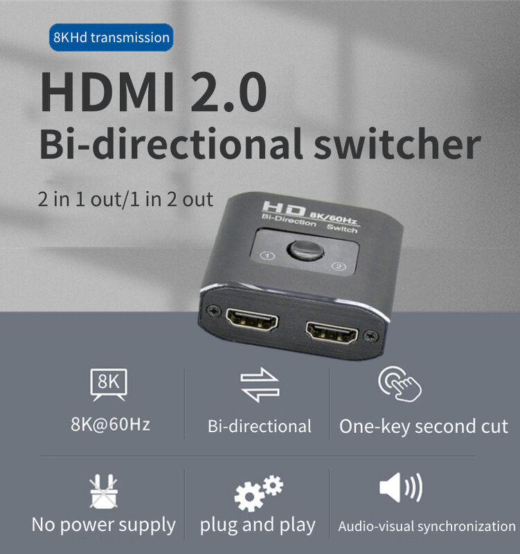 HDMI تبديل الفيديو الخائن ، 2 منافذ ، 2 في 1 خارج ، 8K ، 60Hz ، كمبيوتر محمول ، الكمبيوتر ، Xbox ، PS3 ، PS3 ، PS4 ، صندوق التلفزيون ، رصد ، العارض ، محول