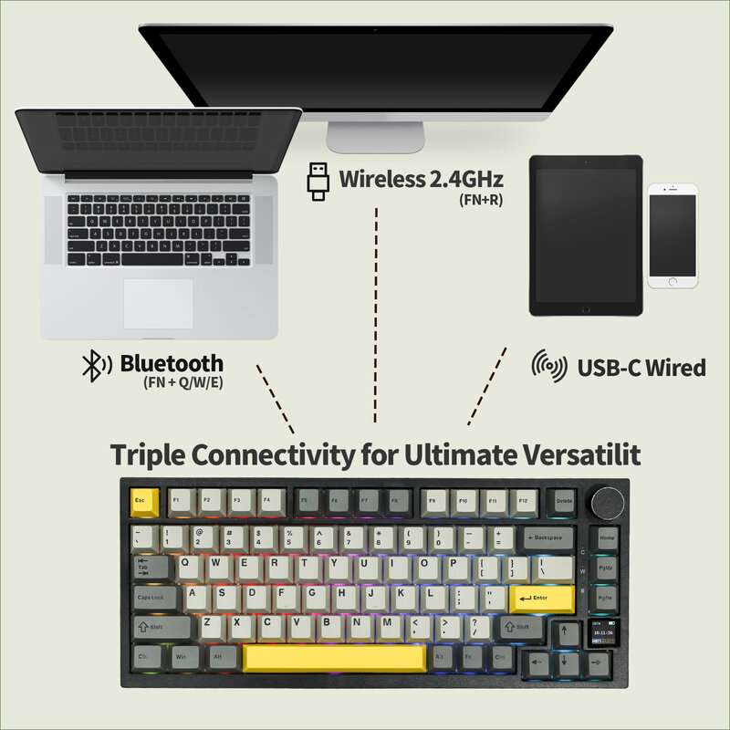 Ajazz-لوحة مفاتيح ميكانيكية لاسلكية ، نوع C سلكي ، مثبت على طوقا ، بلوتوث 5.1 ، 2.4G ، شاشة TFT لماك ووين ، AK820 Pro ، 5.1
