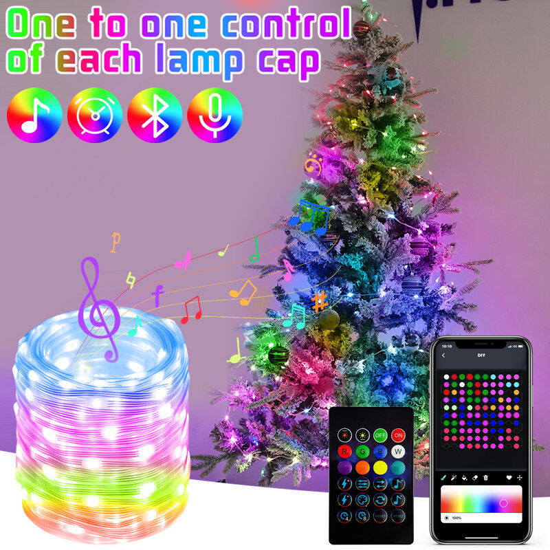 2023 سلسلة ضوء جنية شجرة عيد الميلاد RGB IC ، تحكم ذكي بتطبيق ، إيقاع موسيقي ، ديكور حفلات ، مقاوم للماء ، العام الجديد 2024