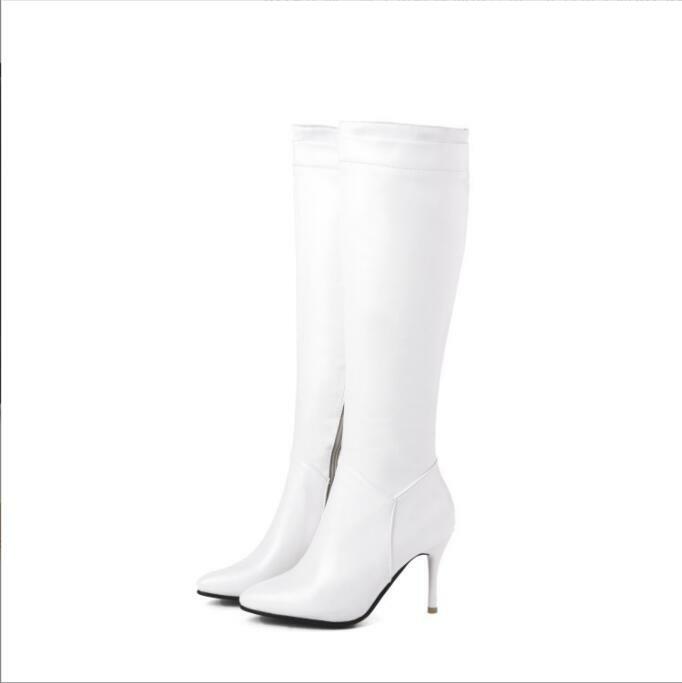 امرأة الموضة الخريف الشتاء الركبة أحذية عالية سيدة الموضة عالية الكعب أحذية النساء بولي Leather جلد أسود أبيض سستة أحذية طويلة
