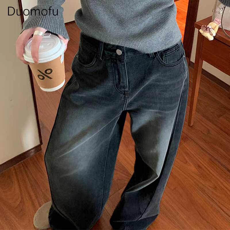 Duomofu جينز فضفاض مستقيم مغسول من للنساء خريفي أساسي بطول كامل الموضة بسيط ضيق بنطلون جينز عالي الخصر للإناث
