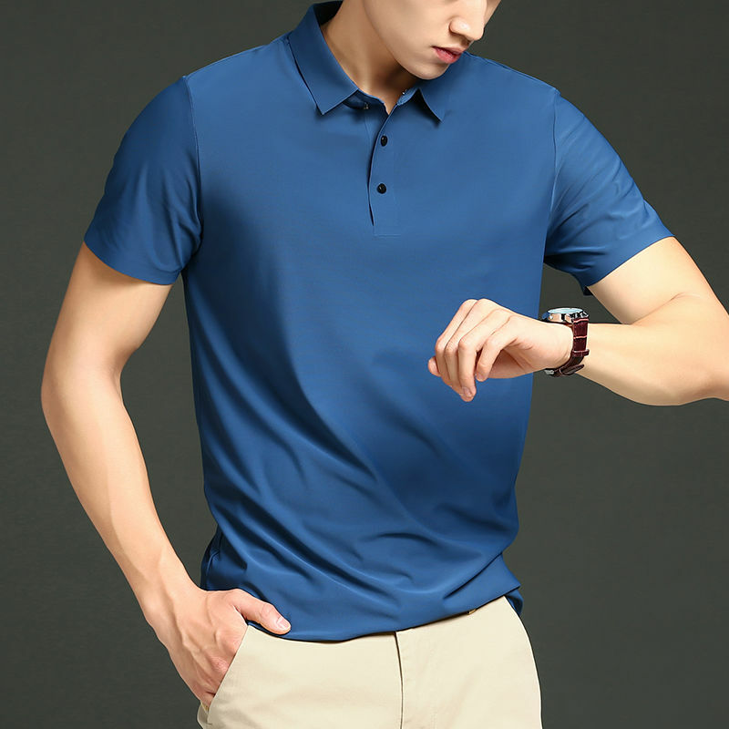 أزياء الرجال الكورية قميص بولو بسيط بأكمام قصيرة ، حرير ثلجي ، سلس ، مرن ، طية صدر السترة الصلبة ، رقيقة ، سريعة الجفاف ، راقة ، الصيف