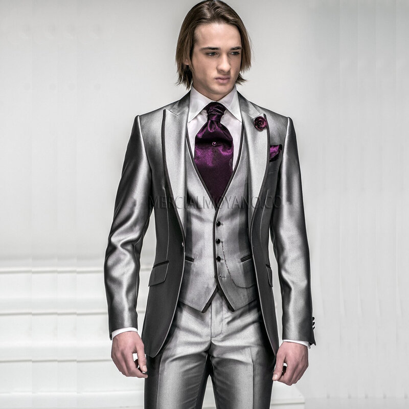 موديل جديد 2023 بدلة رجالية للأعمال لامعة بزر واحد بدلة لحفلات الزفاف للرجال 3 قطع (جاكيت + بنطلون + صدرية + ربطة عنق)