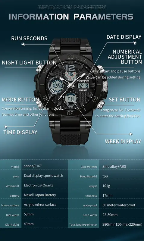 Sanda-ساعة يد رقمية متعددة الوظائف للرجال ، مقاوم للماء ساعة منبه متعددة الوظائف ، شاشة مزدوجة ، ضوء ليلي ، 6167 ، 2023 ، جديد