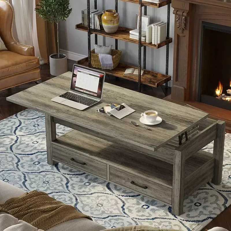 طاولة قهوة بأدراج ومقصورات مخفية ، طاولة مركزية عتيقة مع سطح رفع خشبي ، لغرفة المعيشة