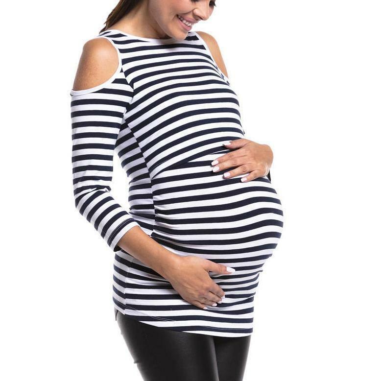 جديد مخطط خارج على الكتف 9 نقطة كم ملابس الأمومة التمريض الملابس تي شيرت النساء الحوامل مخطط طويل الأكمام تي شيرت t