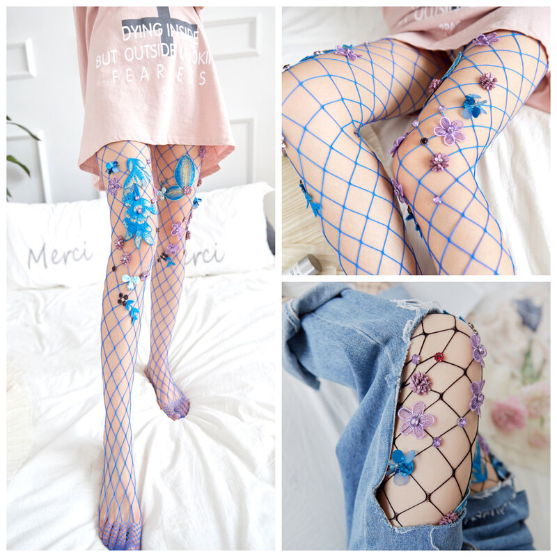 2022 Sexy Lady Transparent Fishnet Tights Flower Silk Stockings Mesh Pantyhose Lady Embroidery Flowers Tights Woman Socks