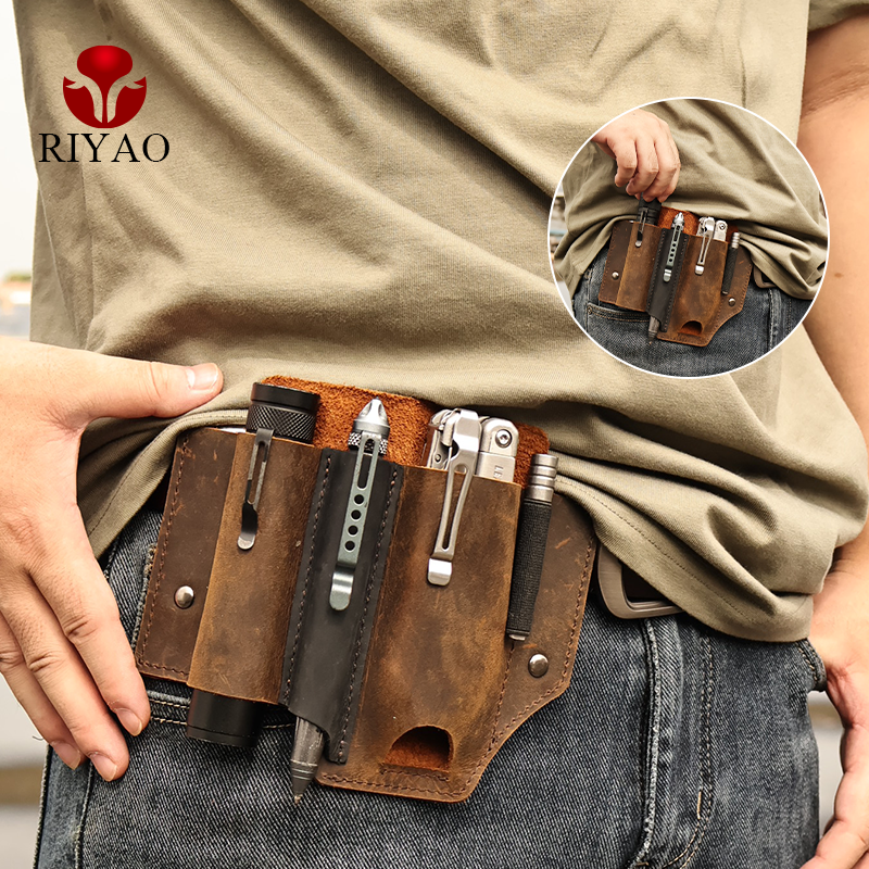 Riao-جلد طبيعي متعدد المهام غمد للحزام ، EDC جيب منظم ، مضيا جيب سكين الحافظة ، حامل قلم ، الرجال الخصر حزم
