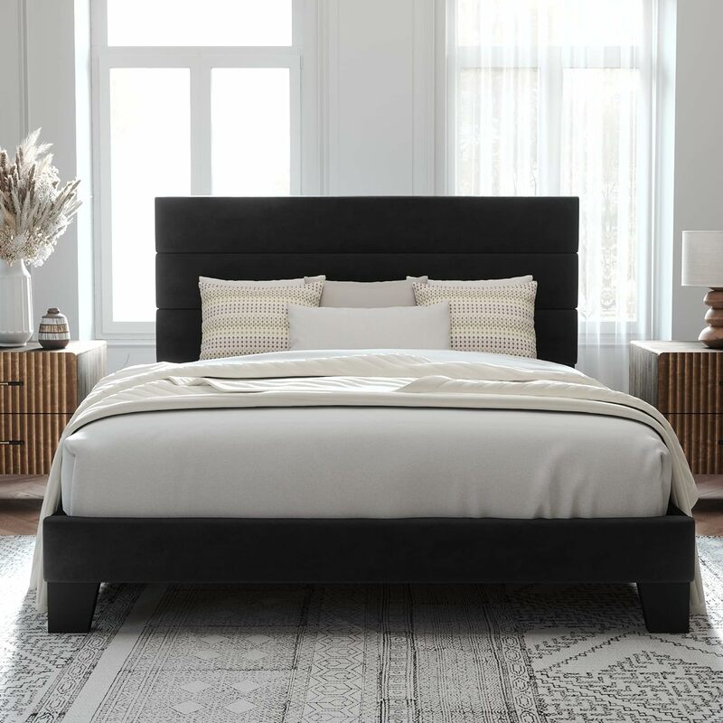 إطار سرير منجد بالكامل ، لوح أمامي مخملي ودعم شريط خشبي ، قاعدة مرتبة ، لون أسود