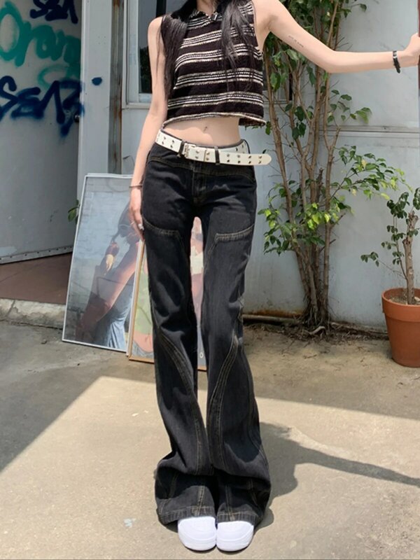 جينز نسائي قوطي أسود لامع ، هاراجوكو ، ياباني ، طراز s ، بنطلون جينز فضفاض ، بنطلون كبير الحجم ، ملابس عصرية كلاسيكية ، Y2K