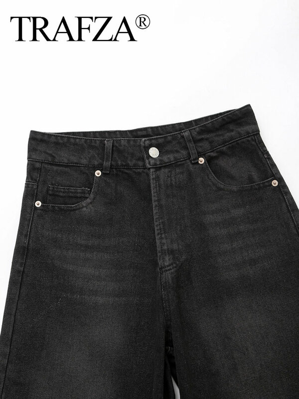 ترافزا-بنطلون جينز واسع الساق عالي الخصر للإناث ، دينم أسود عصري ، حزام معدني عتيق ، جيوب متعددة الاستخدامات ، بنطلون كاجوال ، ربيع ،