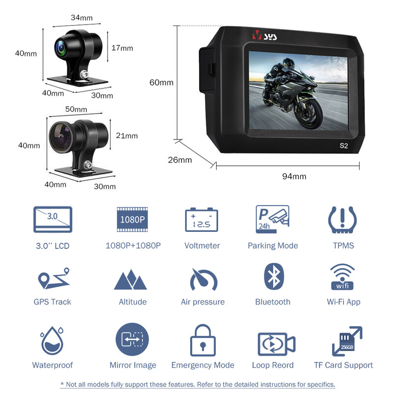 VSYS-كاميرا DVR للدراجات النارية ، مسجل كاميرا مقاوم للماء ، كاميرا من من الخلف ، وضع وقوف السيارات TPMS ، سوني ستارفيس ، بلوتوث ، 2 قناة ، S2