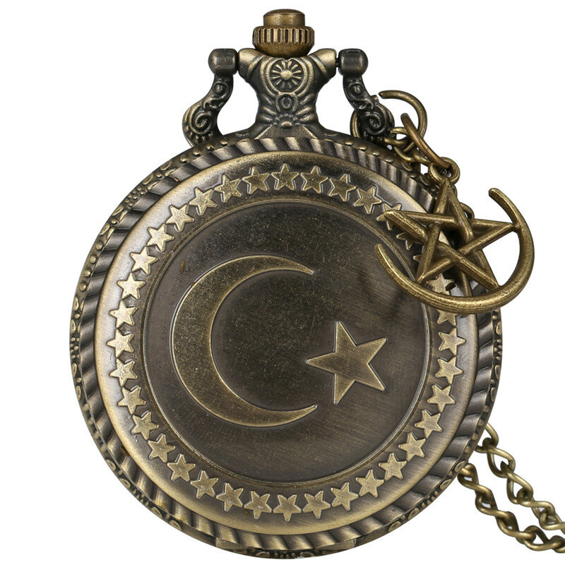 ساعة جيب كوارتز عتيقة بتصميم علم تركيا للرجال والنساء ، قلادة ، سلسلة دلاية ، قمر ، نجمة ، ريترو ، إكسسوار ، ساعة