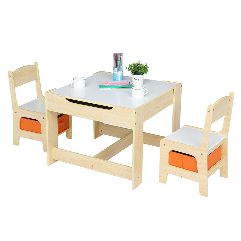 طقم طاولة وكرسي خشبي للأطفال مع حقيبتين للتخزين (1 طاولة + 2 كراسي) مثالية لغرفة نوم الأطفال غرفة المعيشة