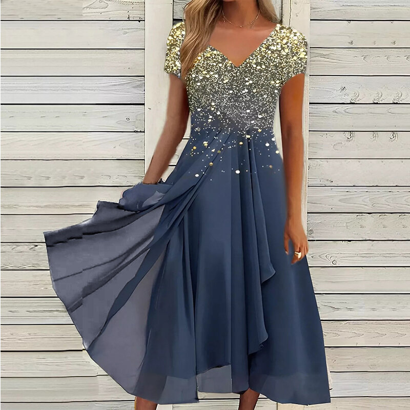 فستان شيفون نسائي مثير بياقة على شكل V وأكمام قصيرة مرقع فساتين حفلات قابلة للتمدد فستان سهرة متدرج اللون مزين بالدانتيل