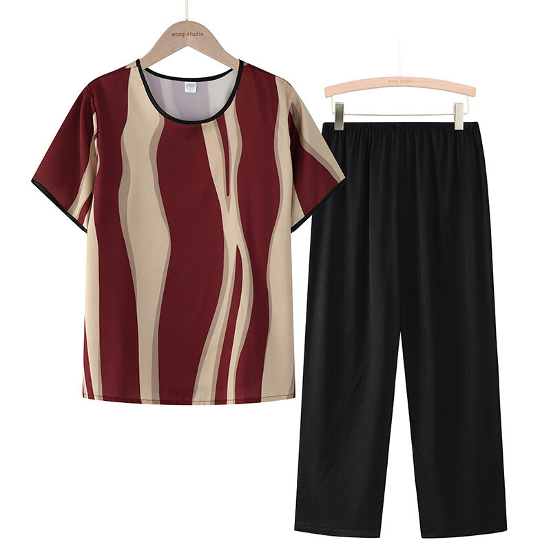 بيجامات نسائية بأكمام قصيرة من قطعتين ، بدلة منزلية للأم متوسطة العمر ، ملابس متموجة ، ملابس نوم و تيشيرتات ، الصيف