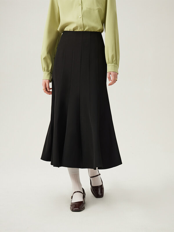 تنورة حورية البحر أحادية اللون للنساء FSLE ، سيدة المكتب ، خصر بسحاب ، تصميم مطوي ، طويل ، أسود ، جديد ، ربيع ، 24FS11060