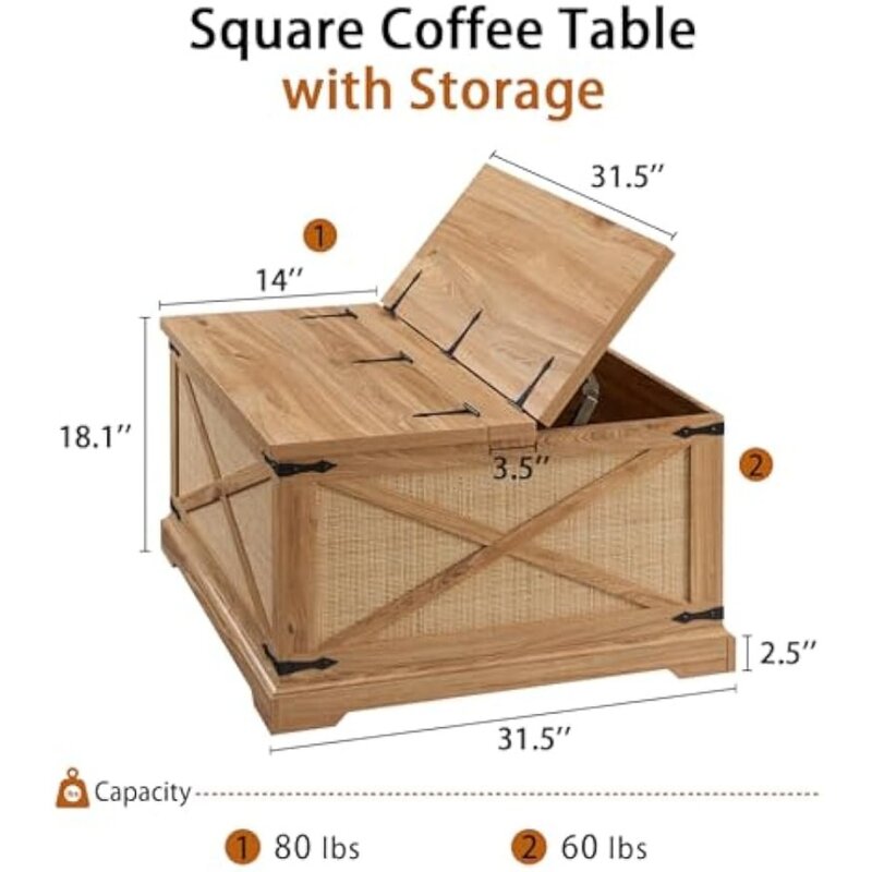 طاولة قهوة مربعة مع مساحة تخزين ، طاولة مركزية من الراتان البوهيمي ، مصعد مفصلي ، طاولة كوكتيل ريفي