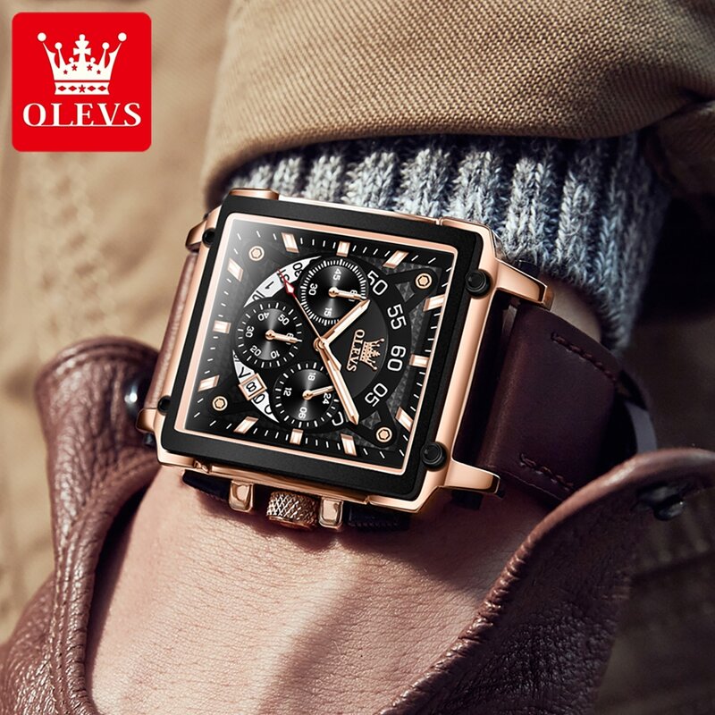 ساعة كوارتز كرونوغراف فاخرة للرجال من OLEVS ، جلد ، ساعة مضيئة ، رياضة ، علامة تجارية مشهورة ، أزياء