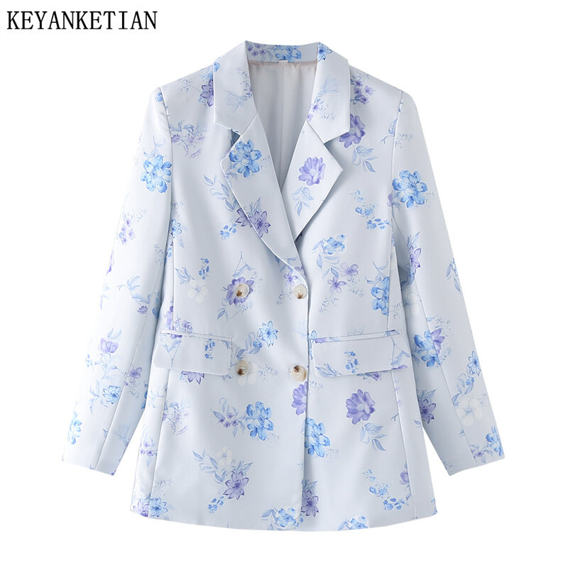كيانكيتيان-بدلة نسائية بطبعة زهور ، سيدة مكتب ، مزدوجة الصدر ، جيوب ذات رفرف ، ملابس خارجية فضفاضة ، طراز ريترو ، ربيع ، إطلاق جديد ،