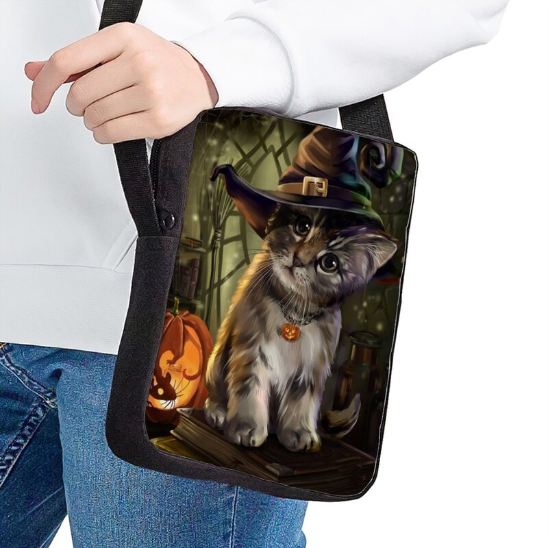 حقيبة كتف صغيرة للأطفال جديدة هالوين الأسود القط نمط طباعة رسول حقيبة عادية قابل للتعديل حقائب كروسبودي هدية عيد