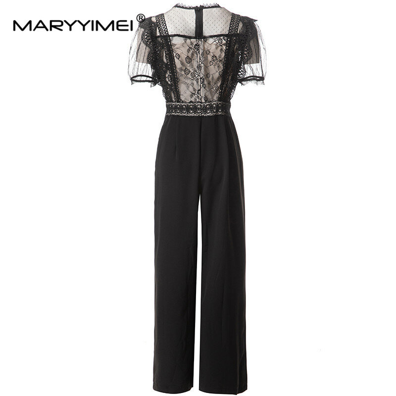 Maryimei-بذلة دانتيل شبكية بأكمام منفوخة للنساء ، مجوفة ، مطبوعة بساق واسعة ، برقبة دائرية ، سوداء ، مصممة أزياء ، الربيع ، الصيف