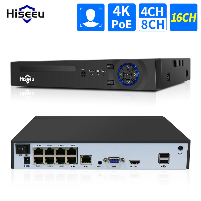 Hiseeu 4CH 10CH 16CH 4K 8MP 5MP POE NVR ل POE IP CCTV نظام الكاميرا المراقبة عدة H.265 + CCTV NVR الصوت والفيديو سجل ONVIF