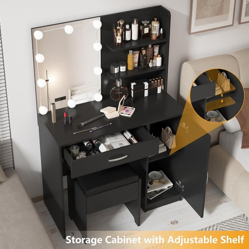 منضدة زينة لغرفة النوم ، مضمد مع مرآة مضيئة ، درج مكتبي وخزانة تخزين ، مرآة تسريحة