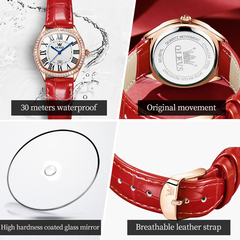 ساعة كوارتز ماسية مقاومة للماء من OLEVS للنساء ، ساعات يد جلدية ، تقويم ، فاخرة ، أزياء العلامة التجارية ، هدية