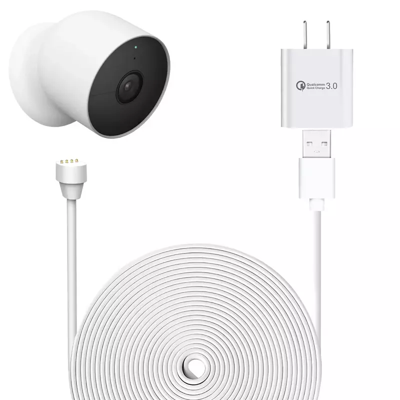 كابل شحن أبيض مضاد لتسرب الماء لكاميرا Google Nest Cam ، بطارية خارجية ، منفذ USB ، شاحن سريع ، 25ft ، 7.6m