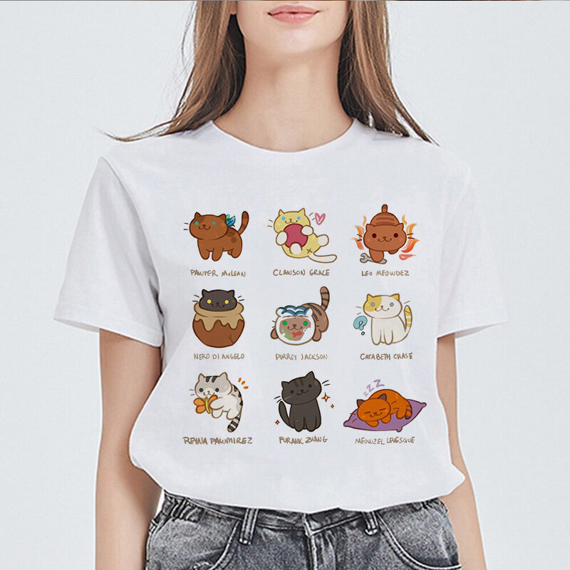 الصيف كوع تي أنثى قميص الأساسية بوتر القطط س الرقبة قصيرة الأكمام طباعة Harajuku القمم المرأة تي شيرت عادية Kawaii السيدات تي شيرت