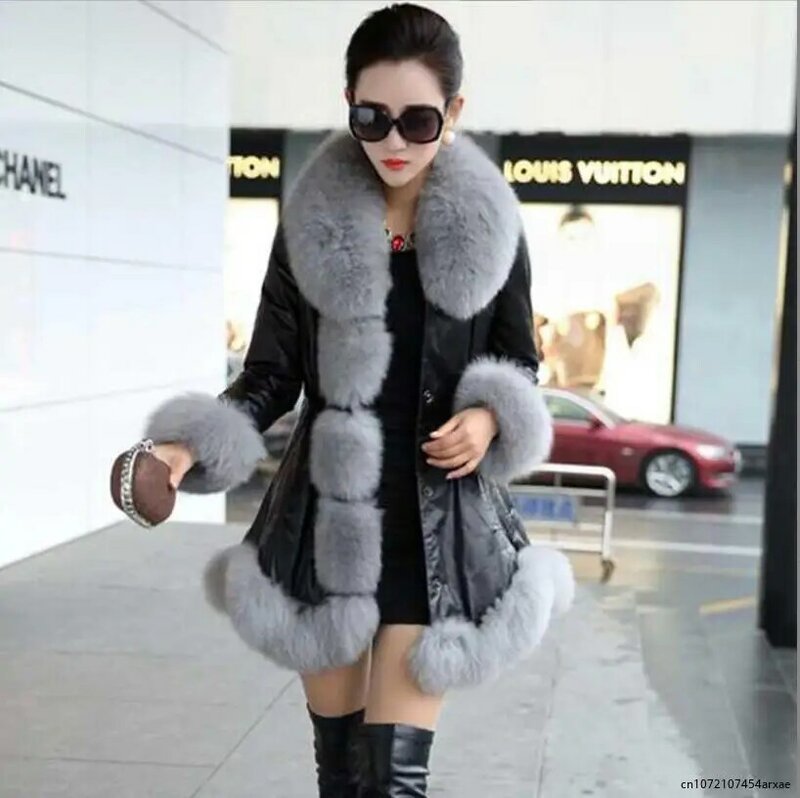بولي Leather سترة جلدية مع فو الثعلب الفراء طوق للنساء ، سميكة معطف طويل ، الإناث السترات ، S-6XL ، الشتاء