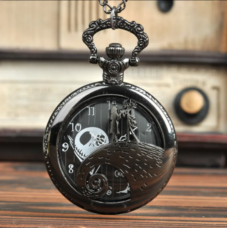 ساعة جيب كوارتز سوداء للرجال والنساء ، تصميم موضوع عيد الميلاد ، هدايا قلادة عتيقة ، ساعات كوارتز رائعة ، موضة